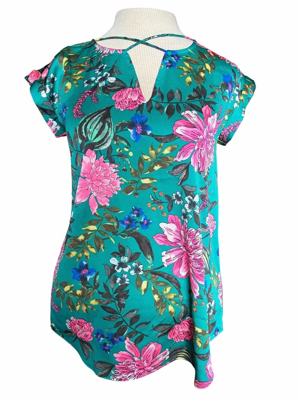 Express Teal Floral Cap-Sleeve Top with Pink Blooms